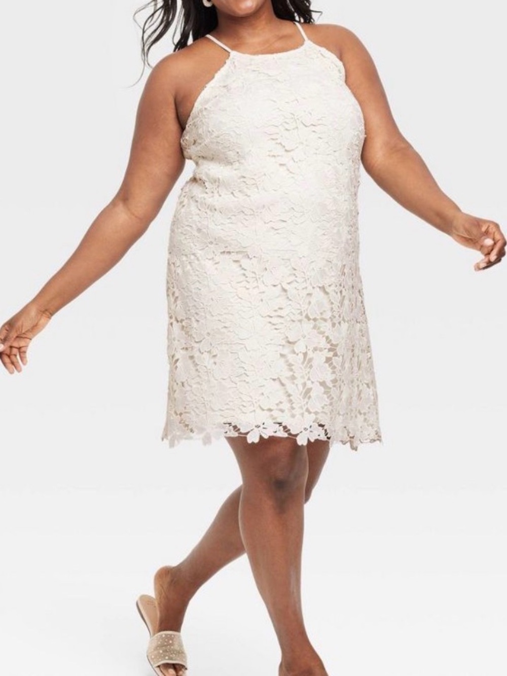 NWT Sz XXL 17 Cream Scalloped Lace Halter Mini Dress Party Wedding Shower bridal